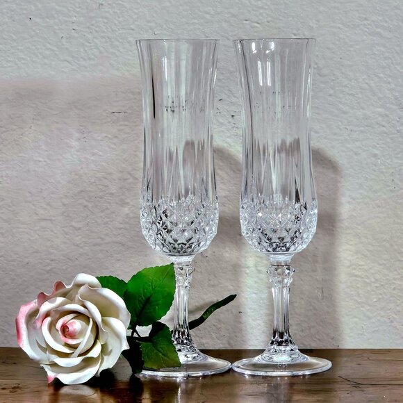 2 Cristal d'Arques Longchamp Champagne Flutes 8" Cut Crystal Glasses vintage - Picture 1 of 7